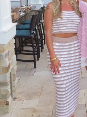 Striped Knit Two-Piece Crochet Set in White and Tan